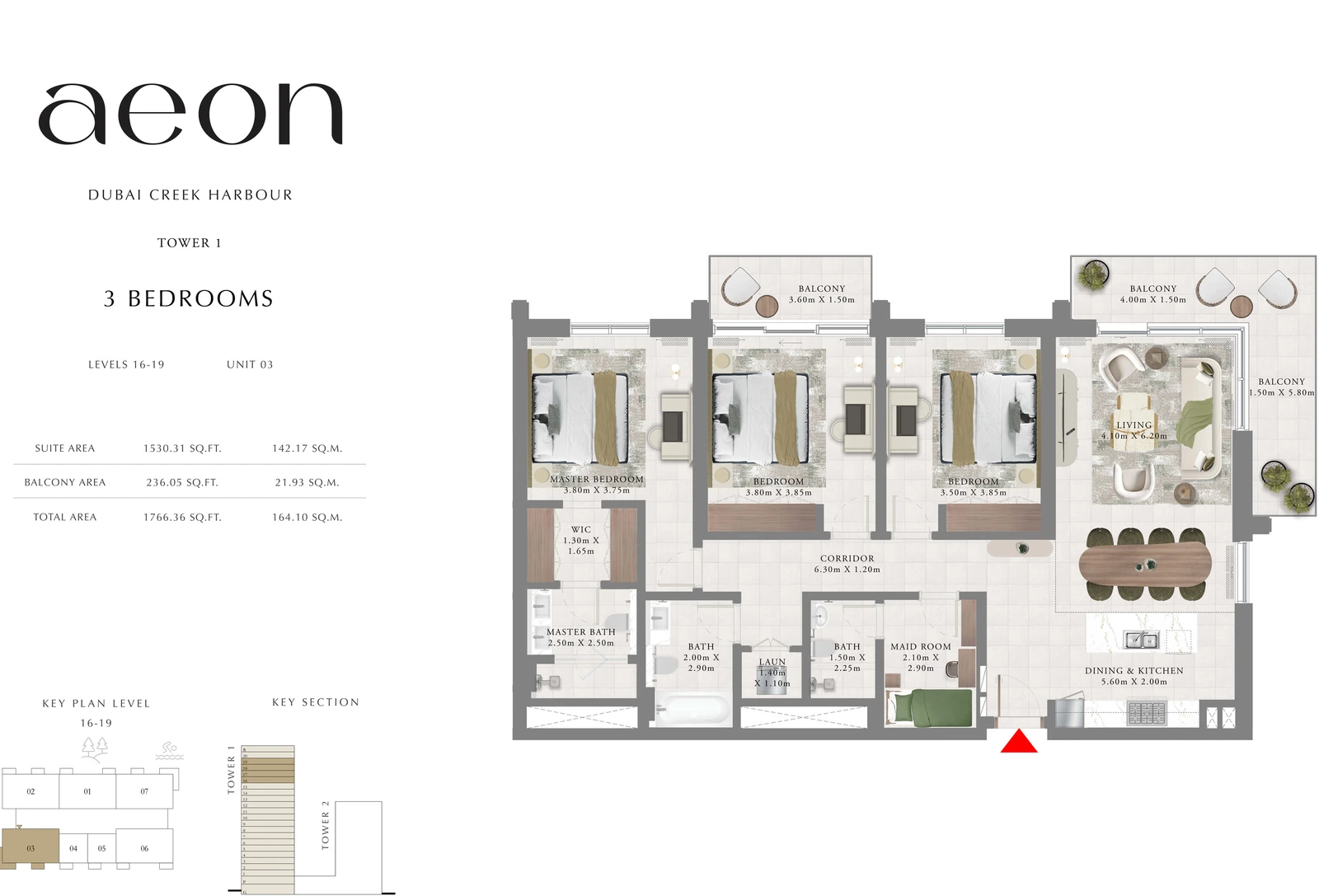 Floor plan for Tower 1 - 3 Bedroom - Levels 16-19 - Unit 03