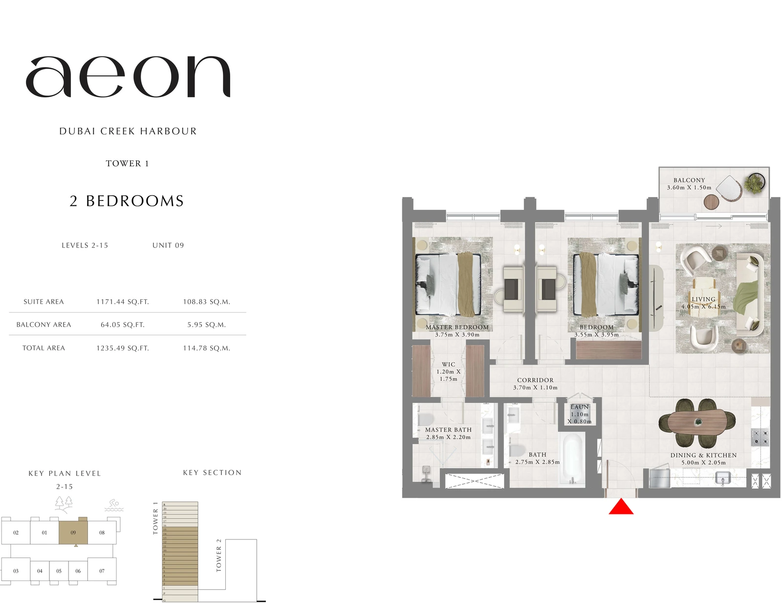 Floor plan for Tower 1 - 2 Bedroom - Levels 2-15 - Unit 09