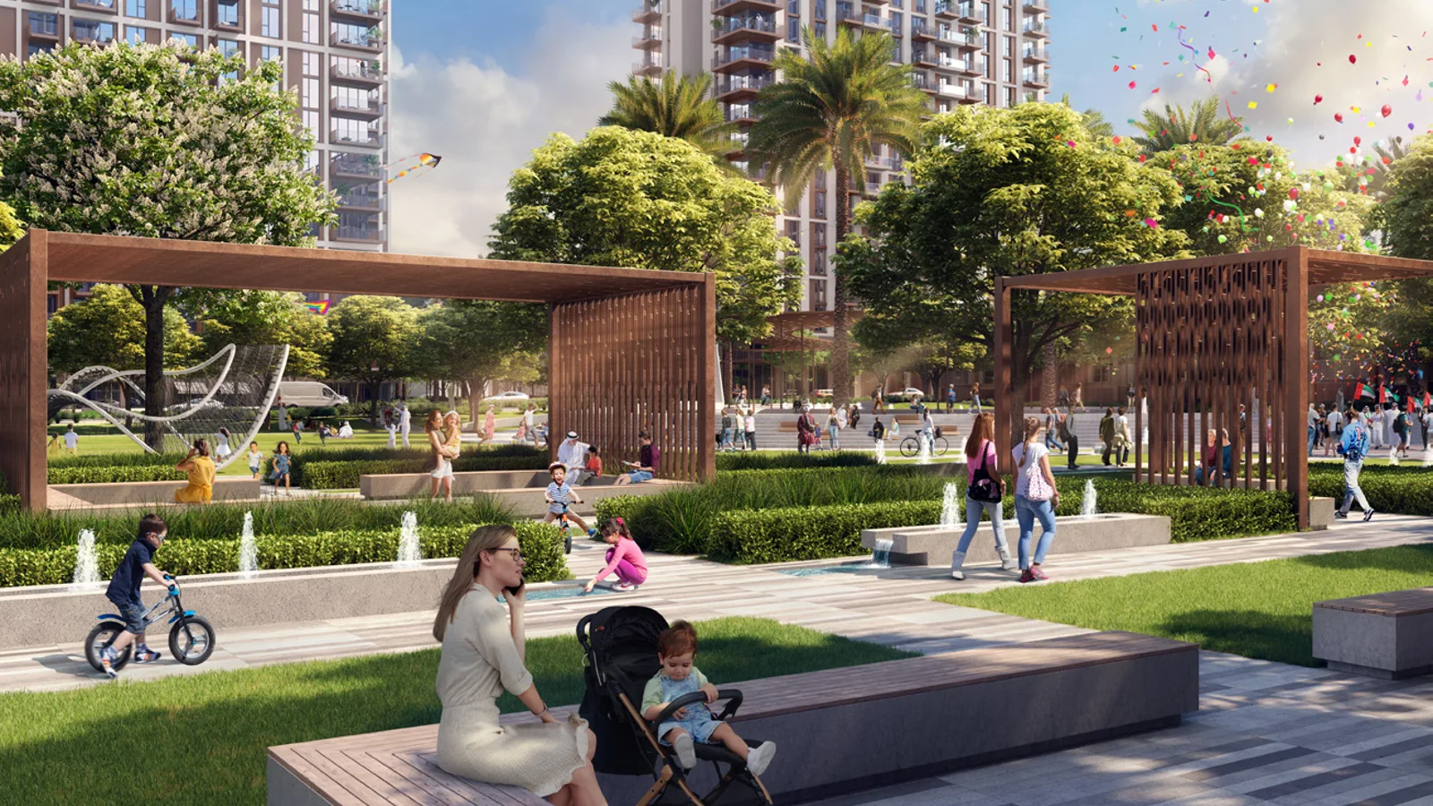 Landscaped park beside Aeon at Dubai Creek Harbour.