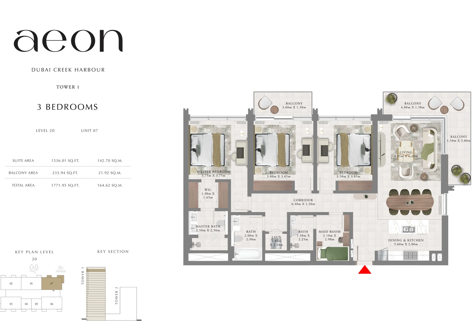 Floor plan for Tower 1 - 3 Bedroom - Level 20 - Unit 07