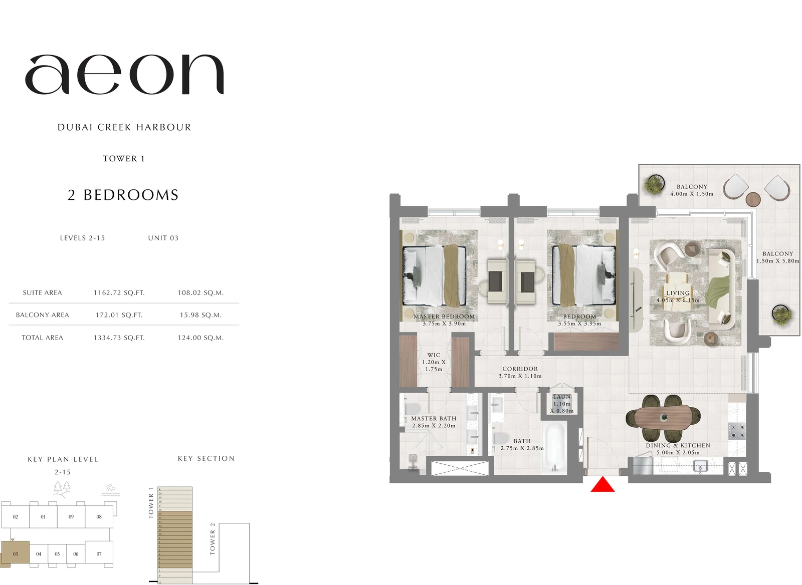 Floor plan for Tower 1 - 2 Bedroom - Levels 2-15 - Unit 03
