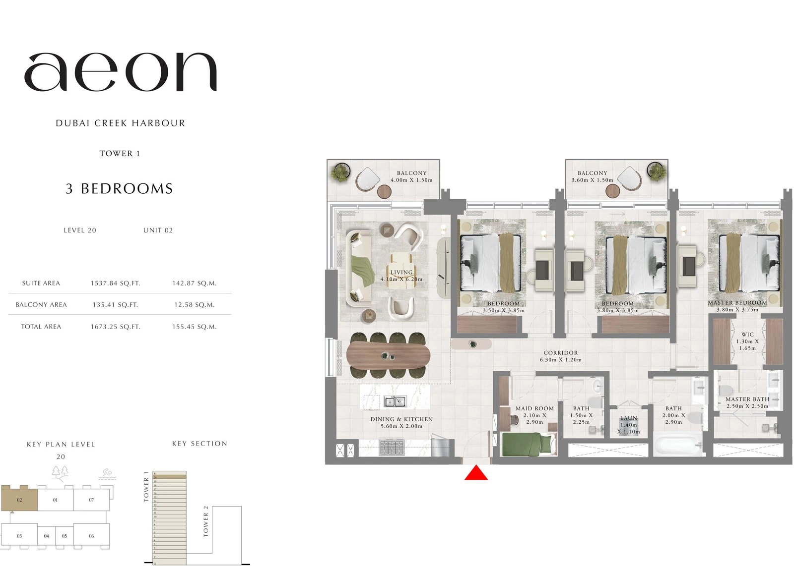 Floor plan for Tower 1 - 3 Bedroom - Level 20 - Unit 02