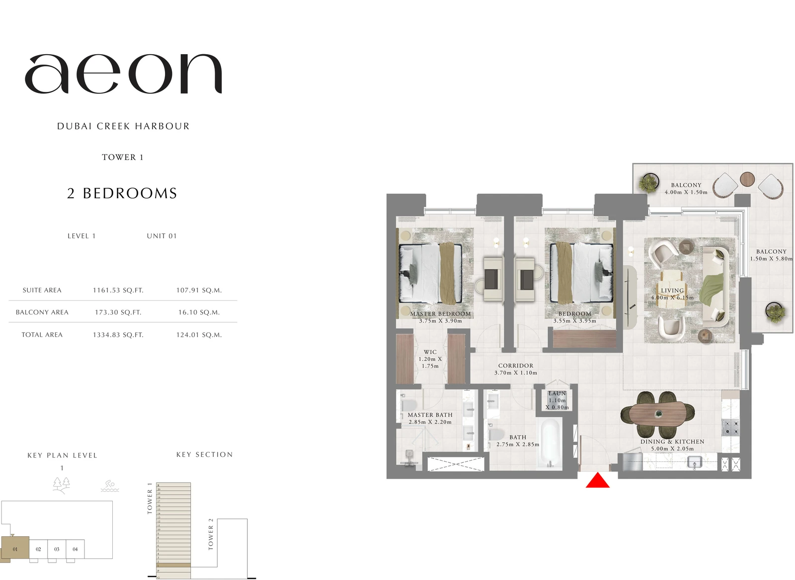 Floor plan for Tower 1 - 2 Bedroom - Level 1 - Unit 01