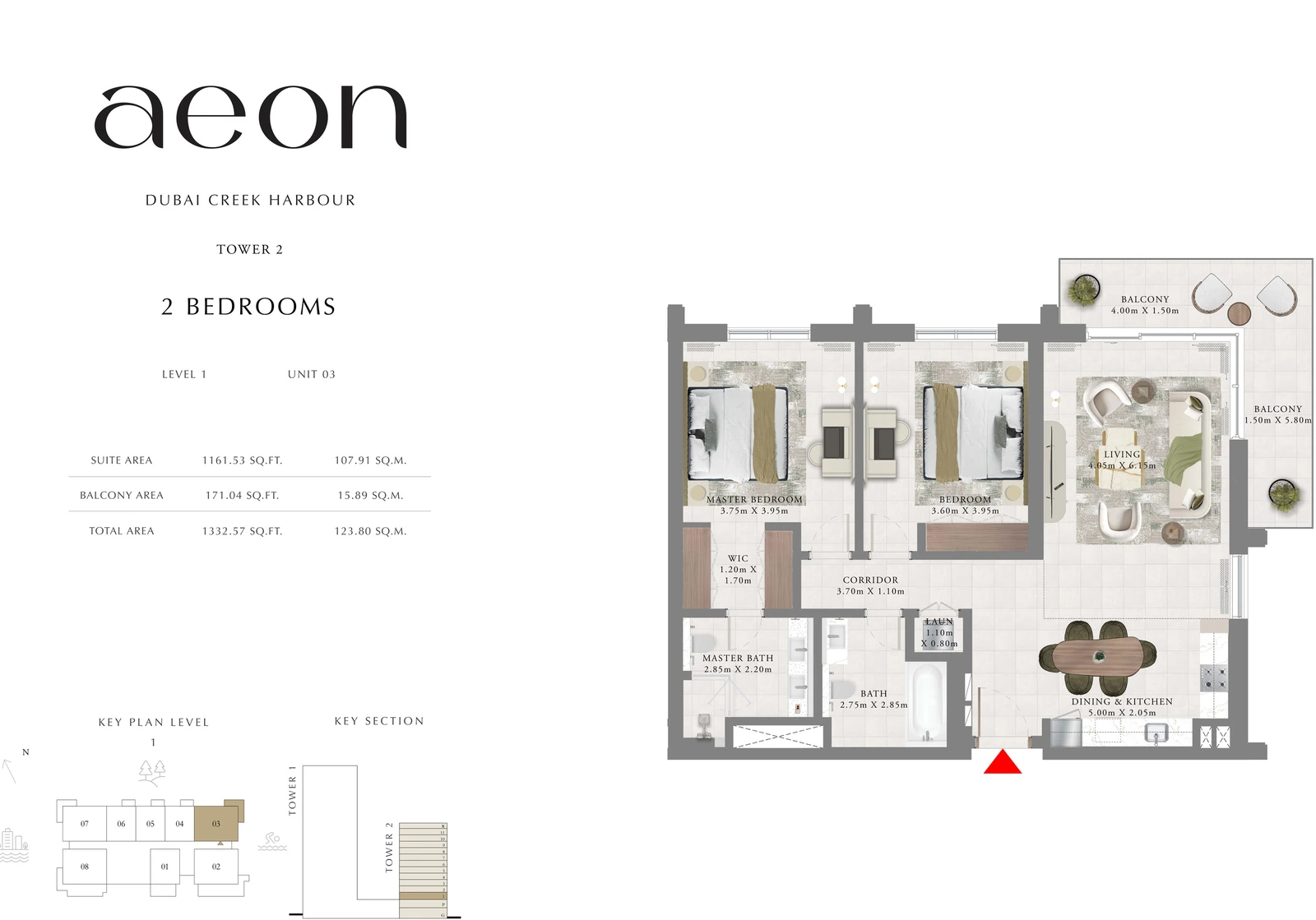 Floor plan for Tower 2 - 2 Bedroom - Level 1 - Unit 03