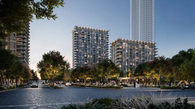 Aeon towers and landscaped streetscape at Dubai Creek Harbour.