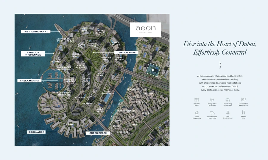 Marked master plan showing Aeon's location within Dubai Creek Harbour.