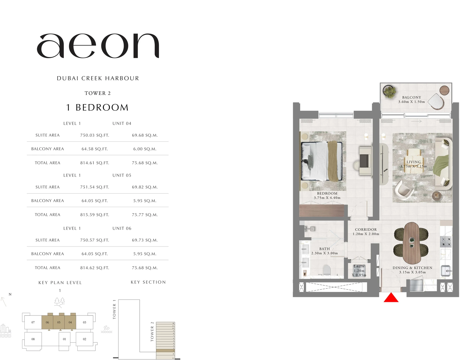 Floor plan for Tower 2 - 1 Bedroom - Level 1 - Units 04, 05 & 06