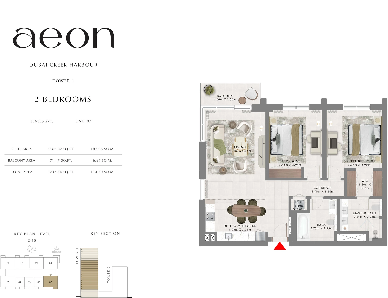 Floor plan for Tower 1 - 2 Bedroom - Levels 2-15 - Unit 07