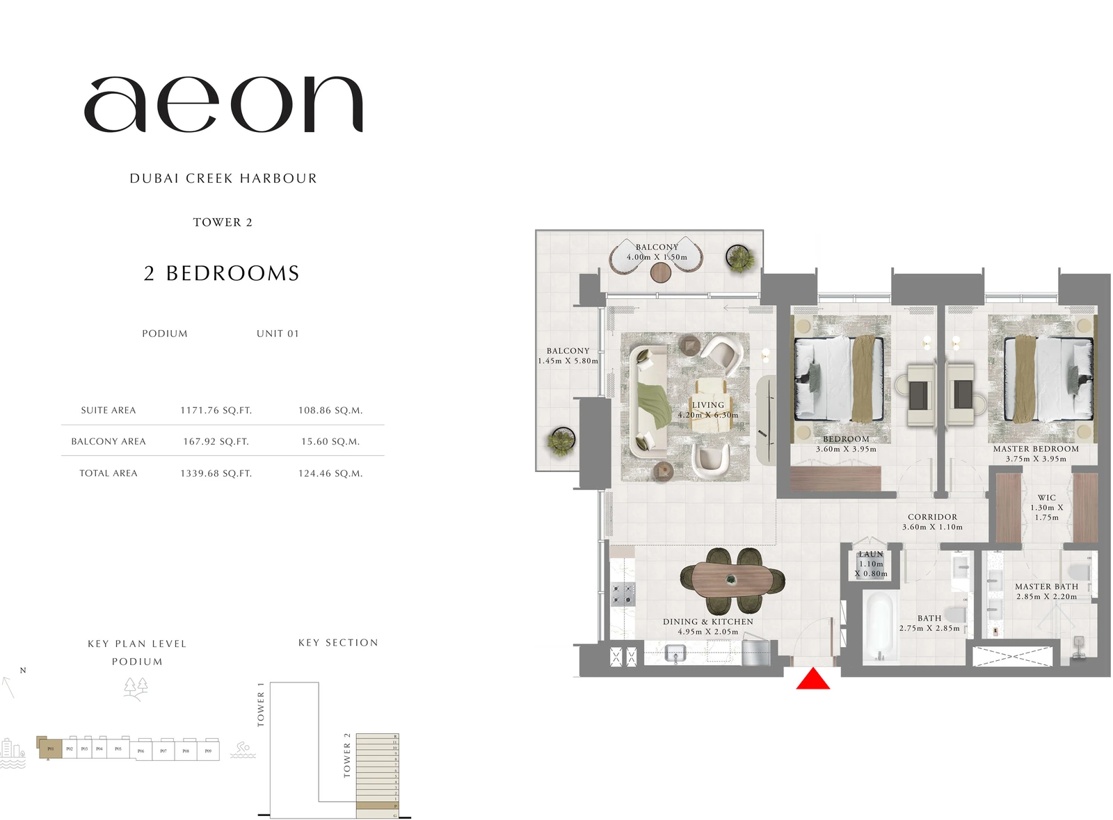 Floor plan for Tower 2 - 2 Bedroom - Podium - Unit 01