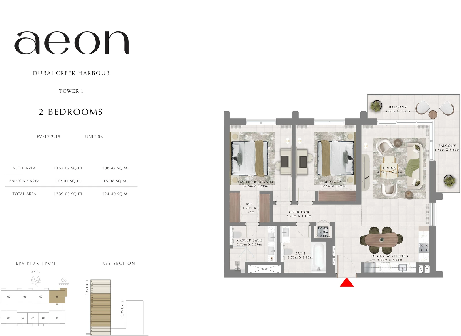 Floor plan for Tower 1 - 2 Bedroom - Levels 2-15 - Unit 08