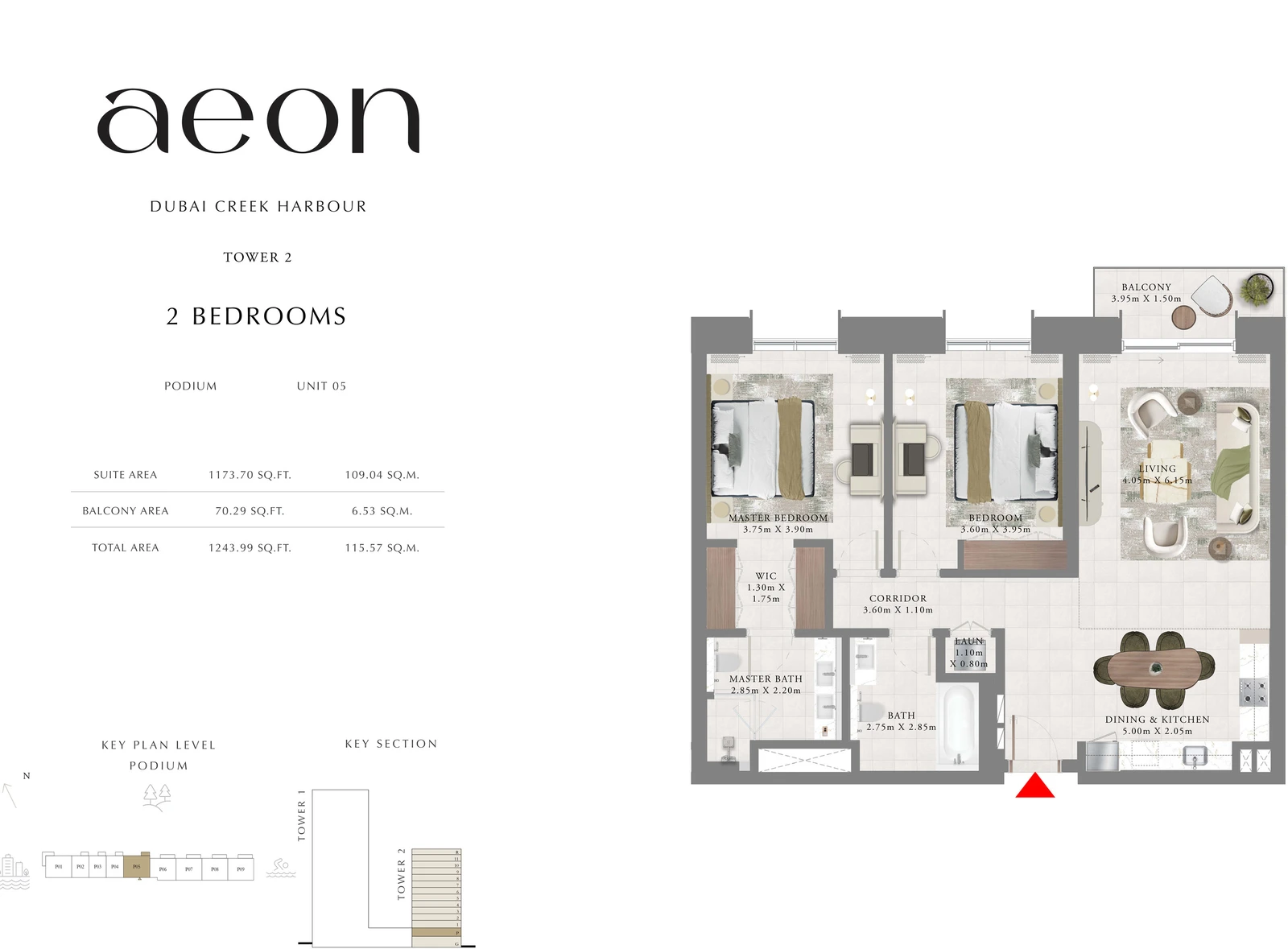 Floor plan for Tower 2 - 2 Bedroom - Podium - Unit 05