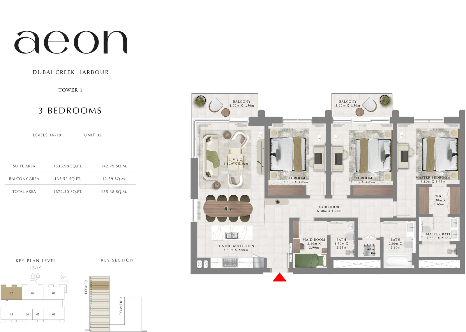 Floor plan for Tower 1 - 3 Bedroom - Levels 16-19 - Unit 02
