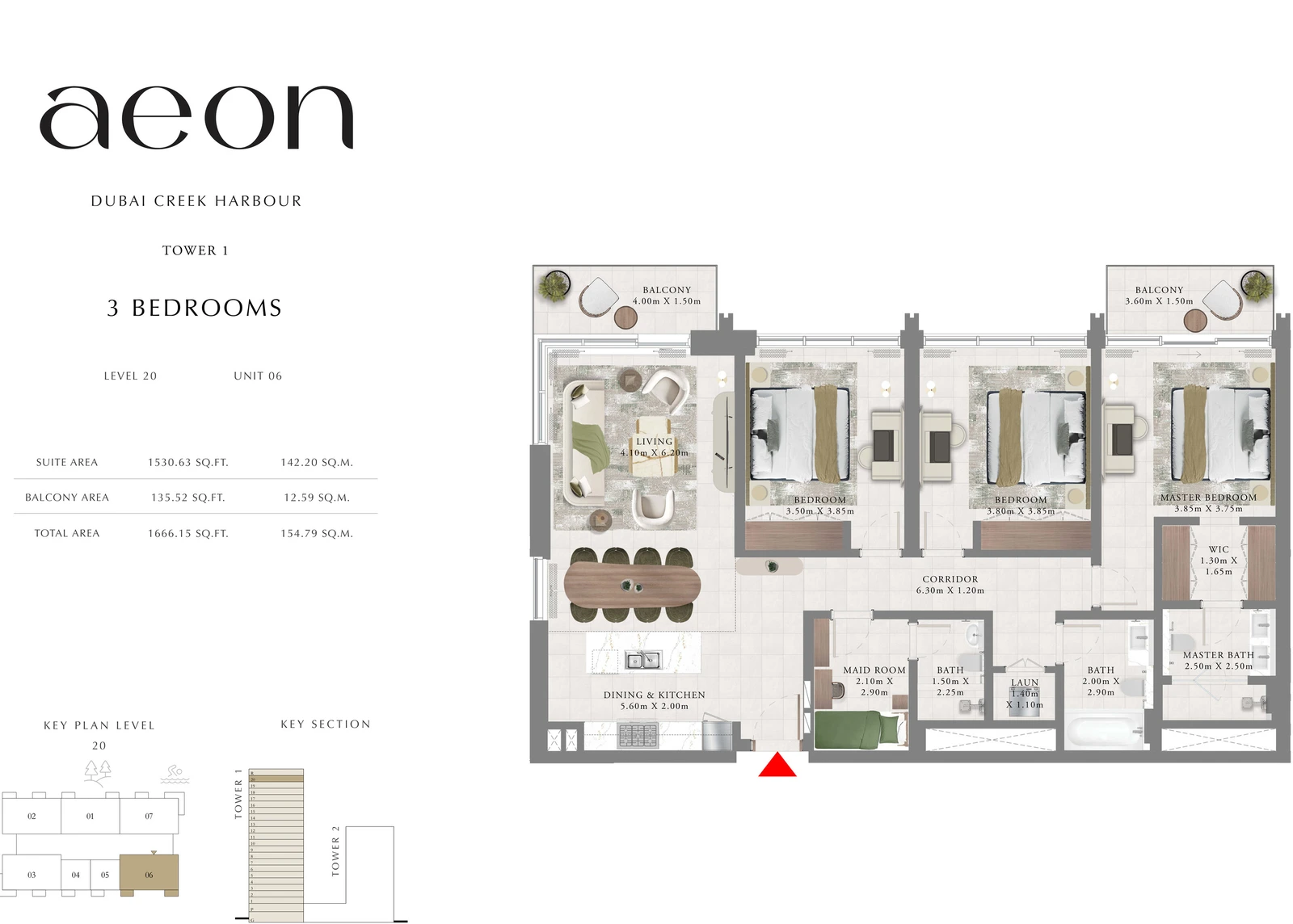 Floor plan for Tower 1 - 3 Bedroom - Level 20 - Unit 06