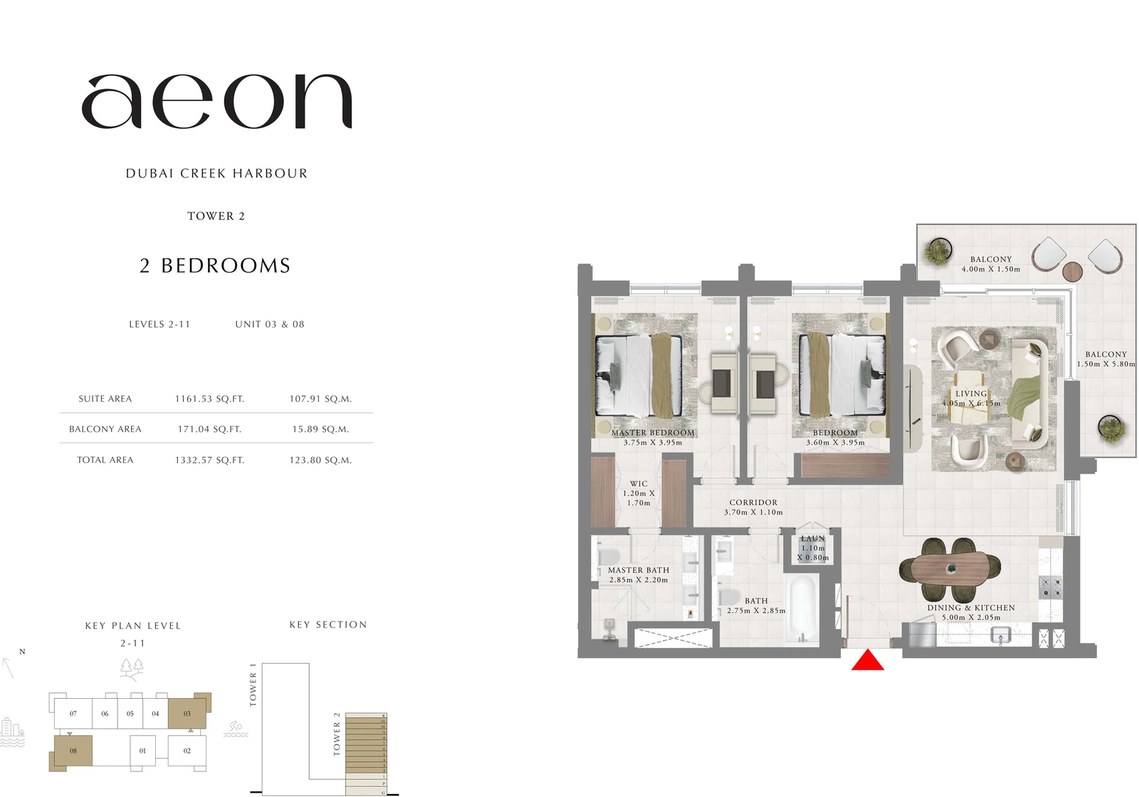 Floor plan for Tower 2 - 2 Bedroom - Levels 2-11 - Units 03 & 08