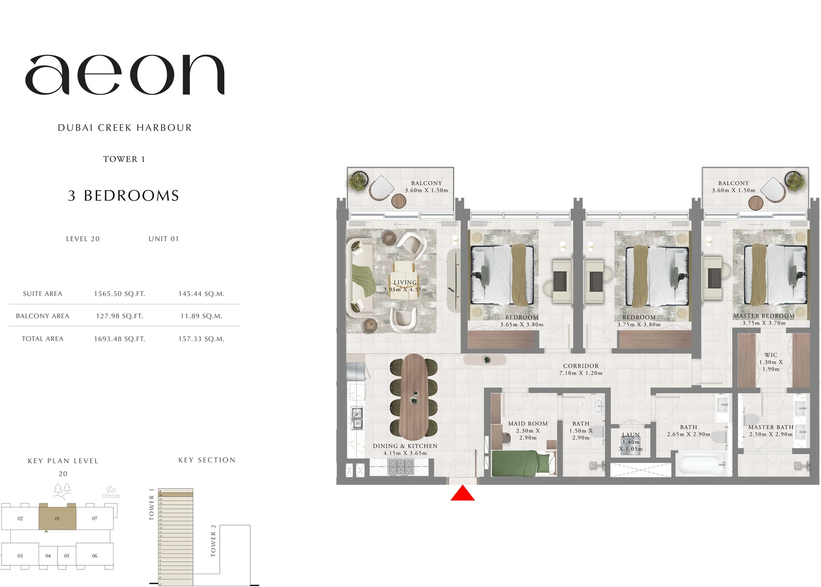 Floor plan for Tower 1 - 3 Bedroom - Level 20 - Unit 01