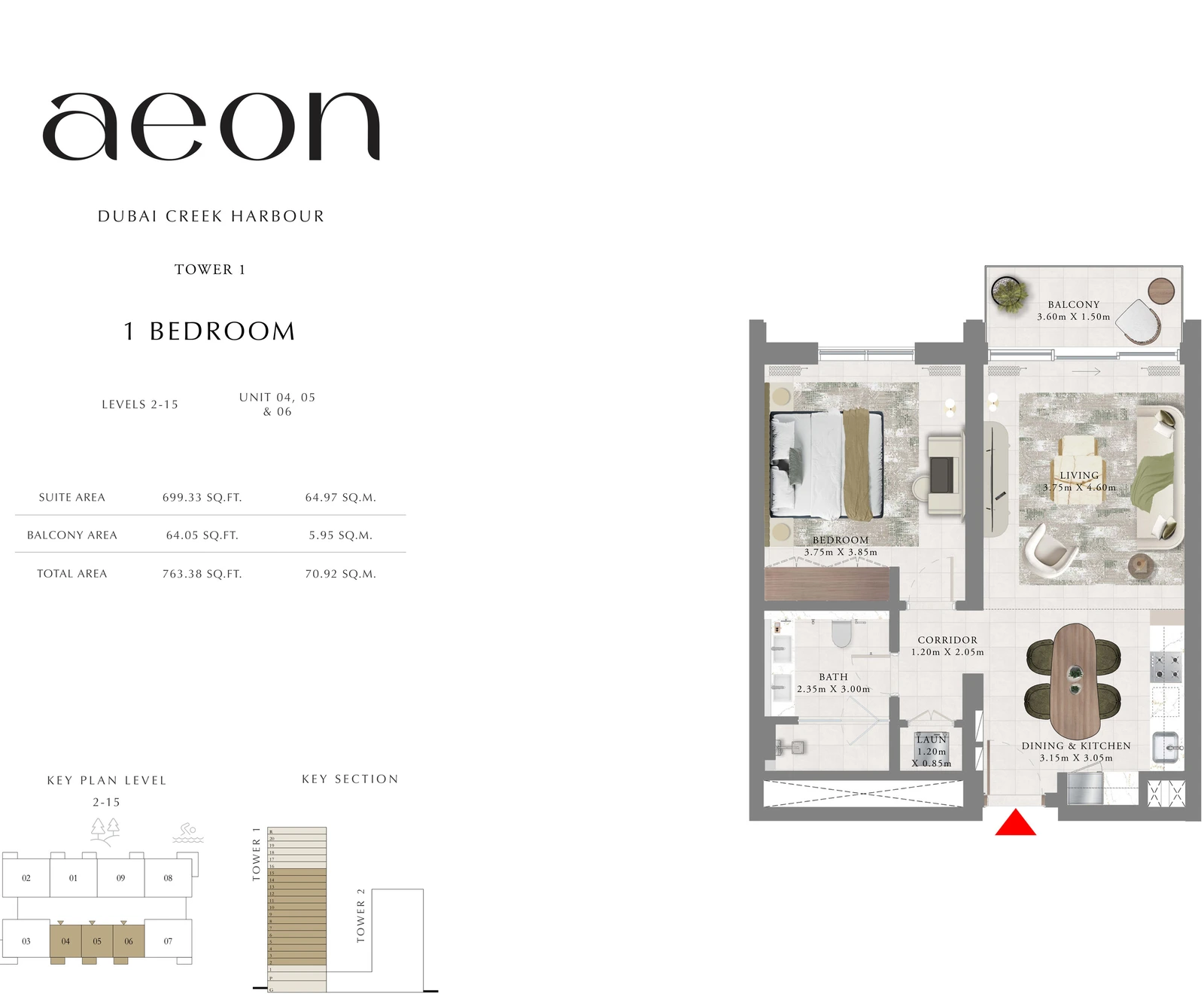 Floor plan for Tower 1 - 1 Bedroom - Levels 2-15 - Units 04, 05 & 06