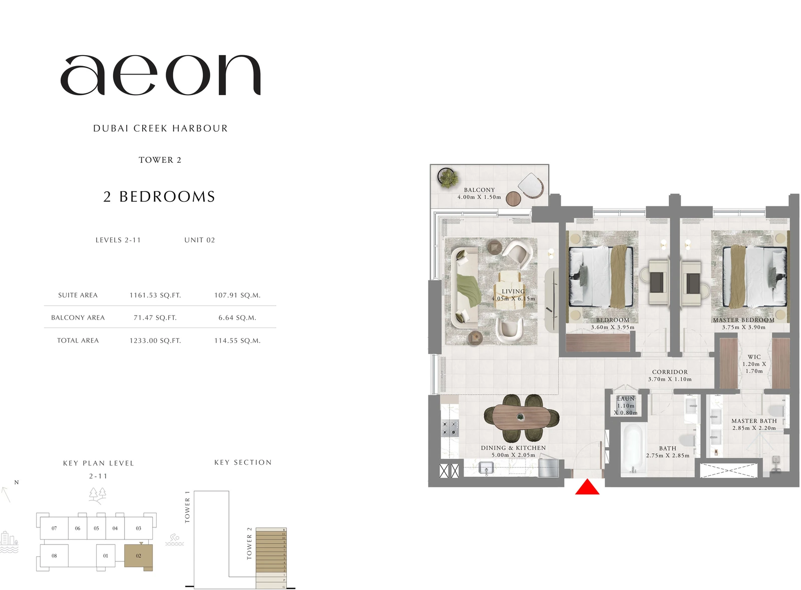 Floor plan for Tower 2 - 2 Bedroom - Levels 2-11 - Unit 02