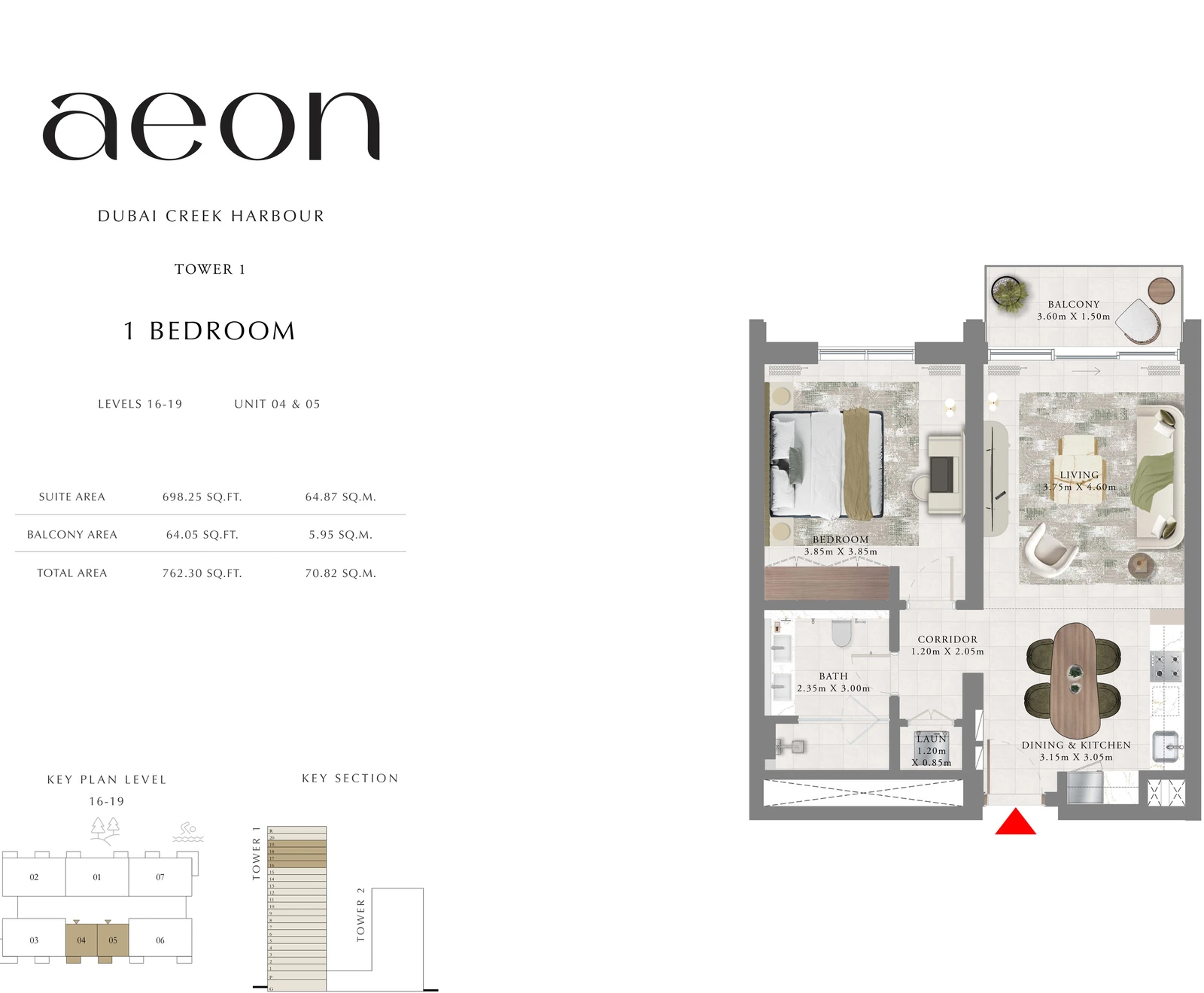 Floor plan for Tower 1 - 1 Bedroom - Levels 16-19 - Units 04 & 05