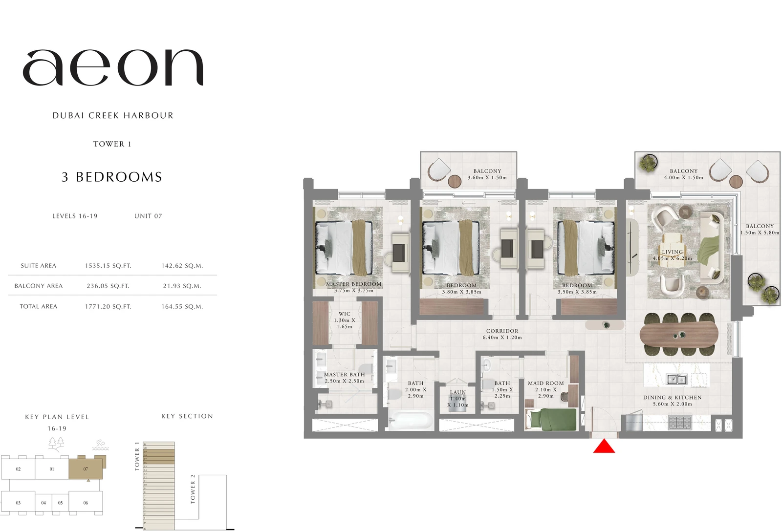Floor plan for Tower 1 - 3 Bedroom - Levels 16-19 - Unit 07