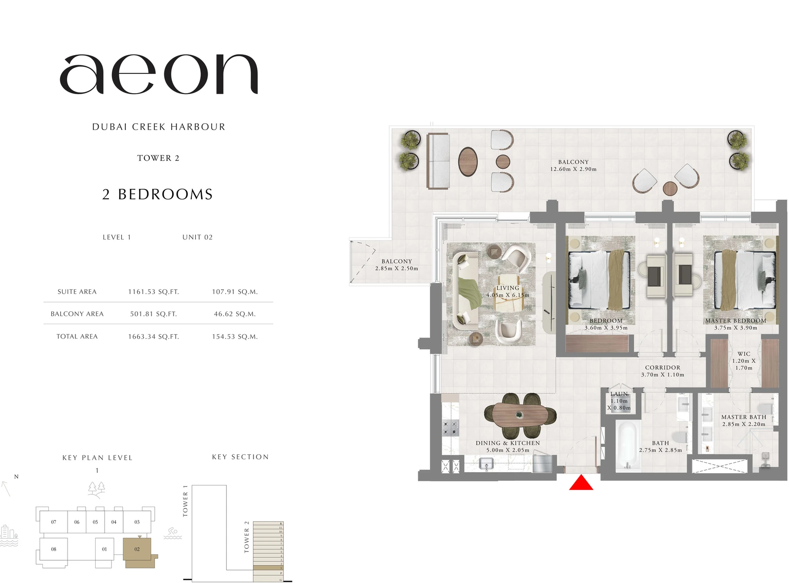 Floor plan for Tower 2 - 2 Bedroom - Level 1 - Unit 02