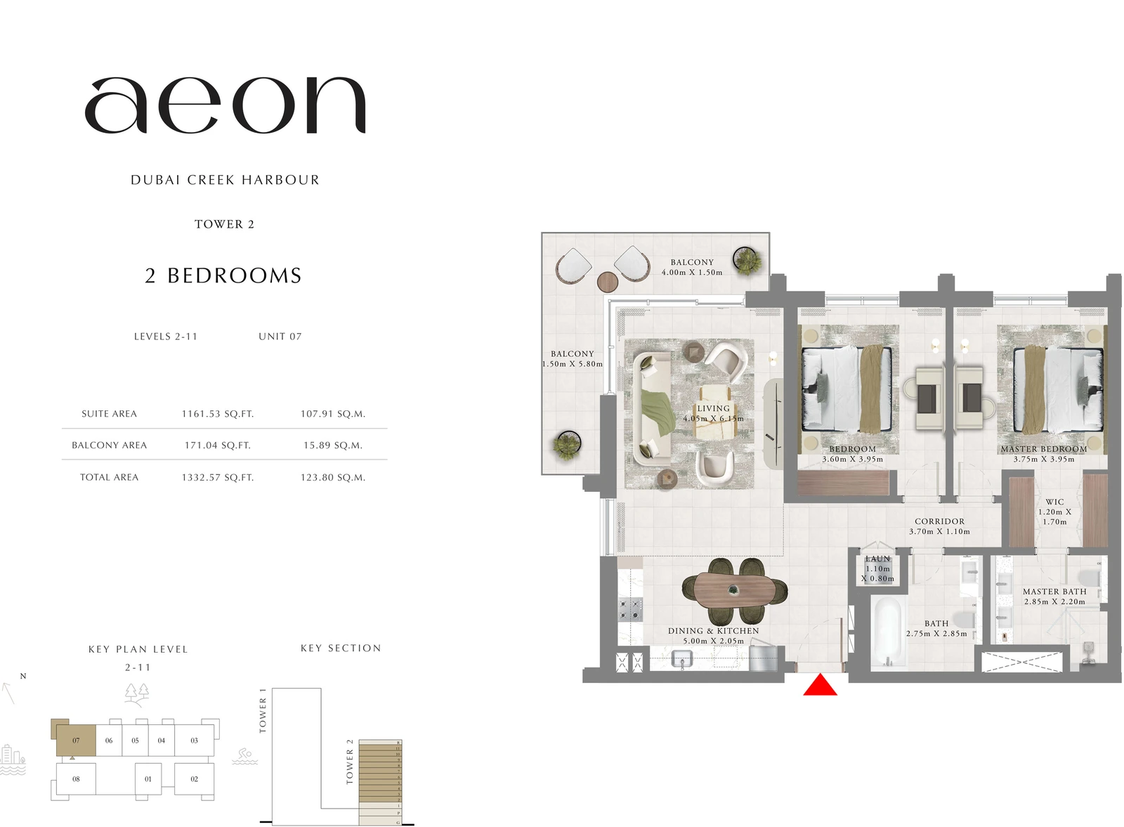 Floor plan for Tower 2 - 2 Bedroom - Levels 2-11 - Unit 07