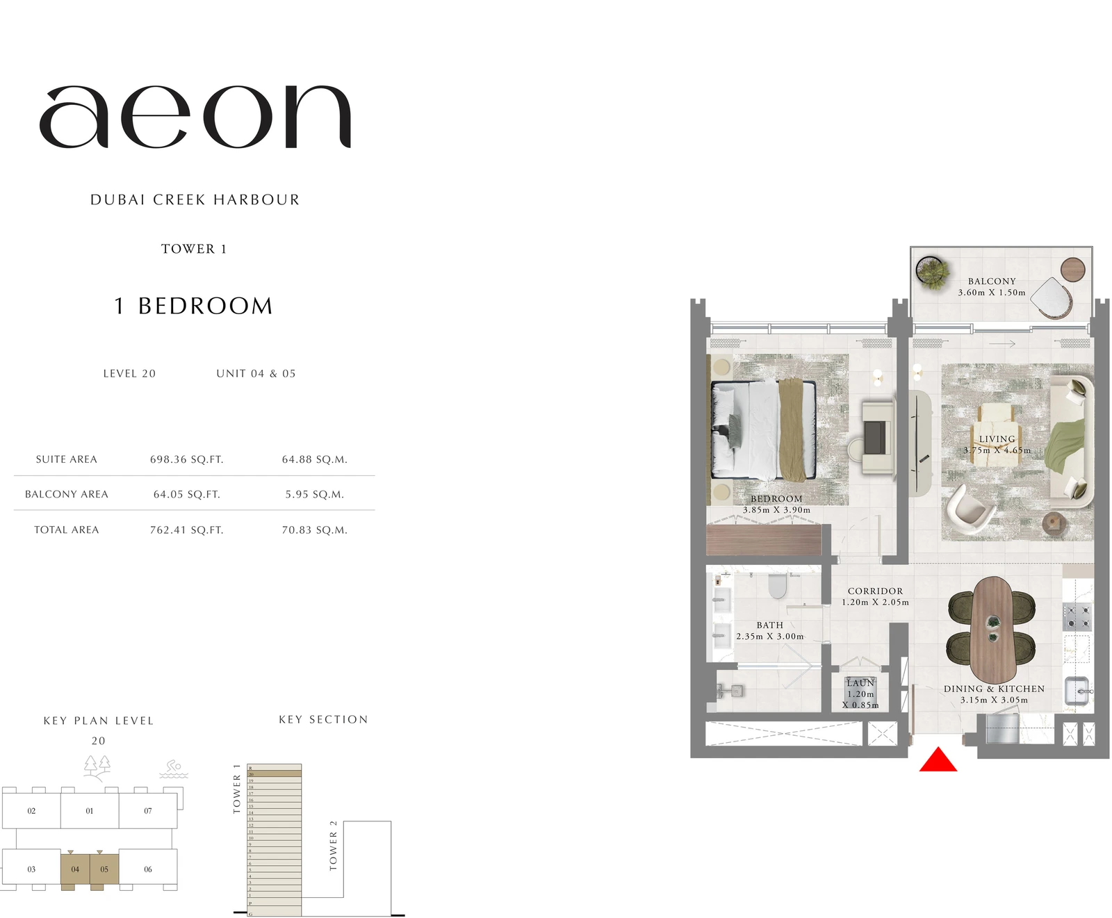 Floor plan for Tower 1 - 1 Bedroom - Level 20 - Units 04 & 05