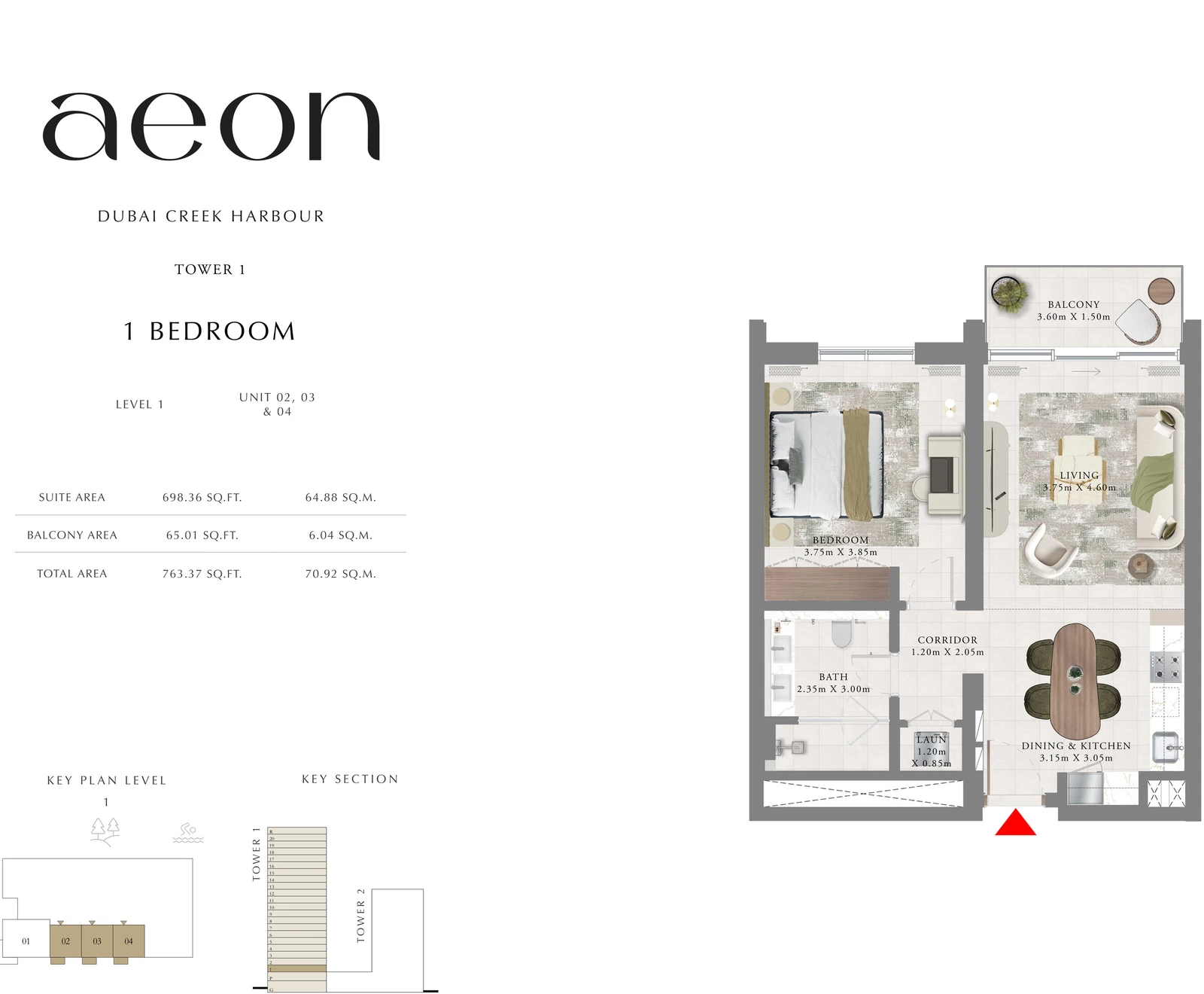 Floor plan for Tower 1 - 1 Bedroom - Level 1 - Units 02, 03 & 04