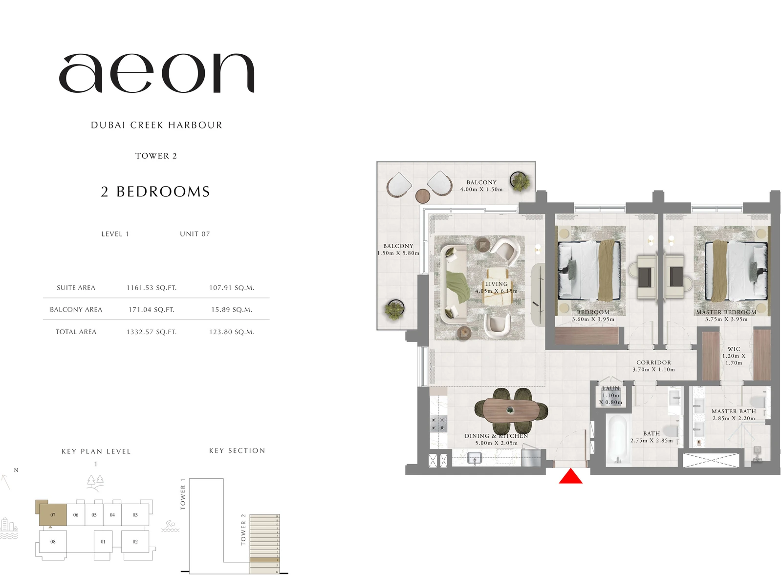 Floor plan for Tower 2 - 2 Bedroom - Level 1 - Unit 07