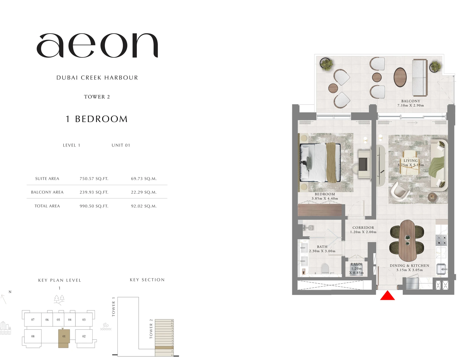 Floor plan for Tower 2 - 1 Bedroom - Level 1 - Unit 01