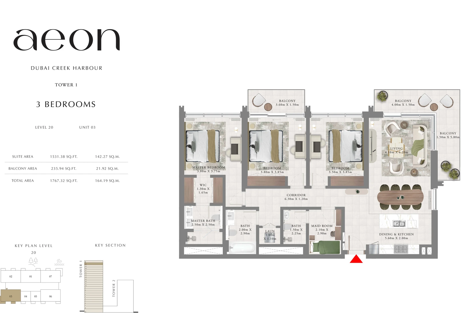 Floor plan for Tower 1 - 3 Bedroom - Level 20 - Unit 03