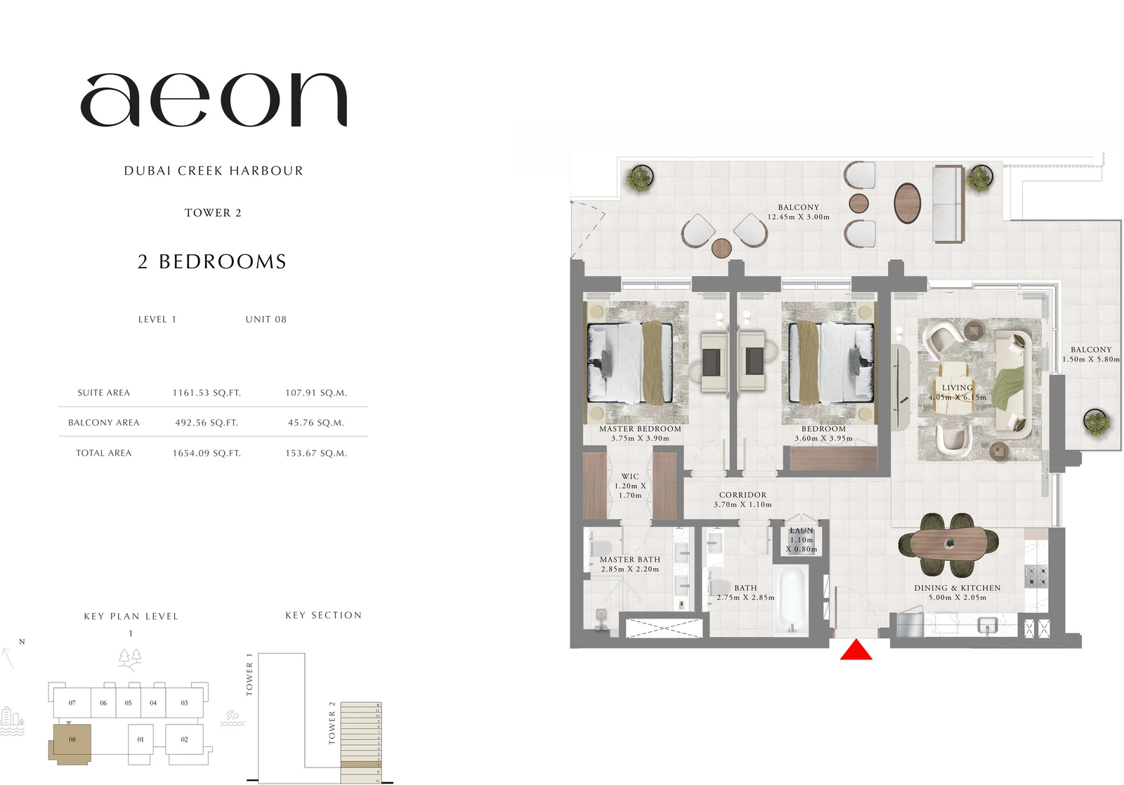 Floor plan for Tower 2 - 2 Bedroom - Level 1 - Unit 08