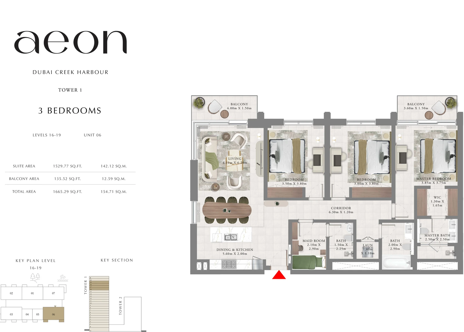Floor plan for Tower 1 - 3 Bedroom - Levels 16-19 - Unit 06