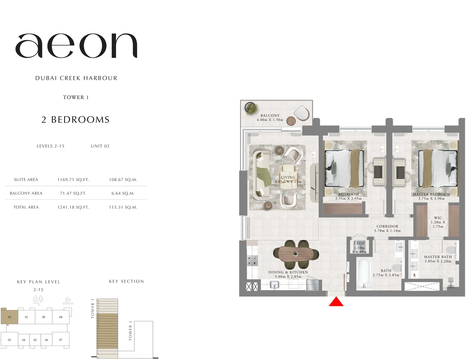 Floor plan for Tower 1 - 2 Bedroom - Levels 2-15 - Unit 02