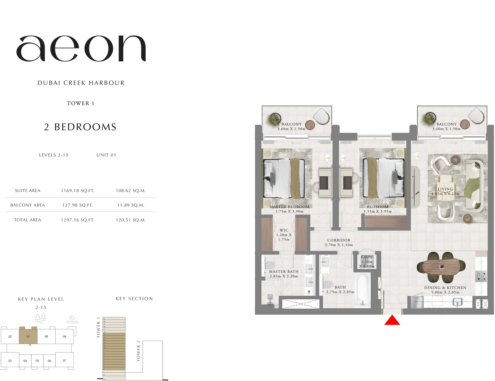 Floor plan for Tower 1 - 2 Bedroom - Levels 2-15 - Unit 01