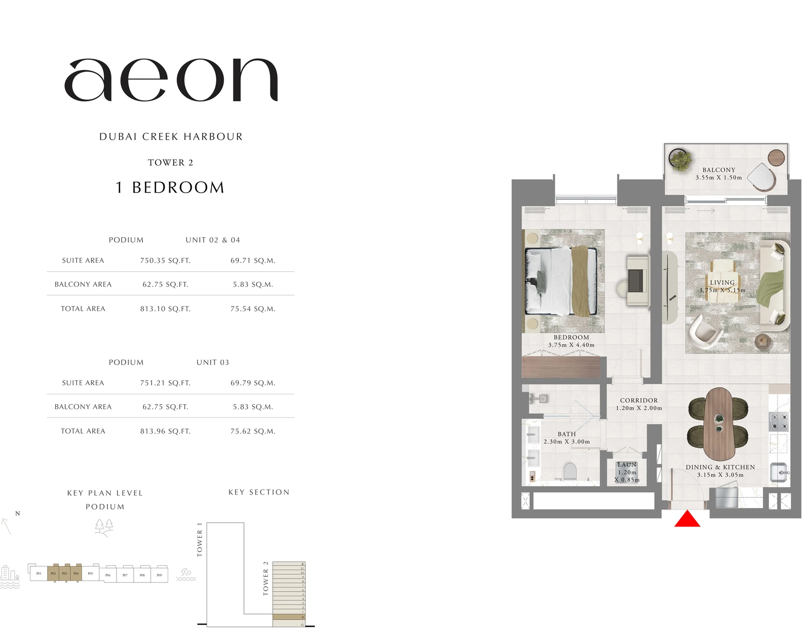 Floor plan for Tower 2 - 1 Bedroom - Podium - Units 02, 03 & 04