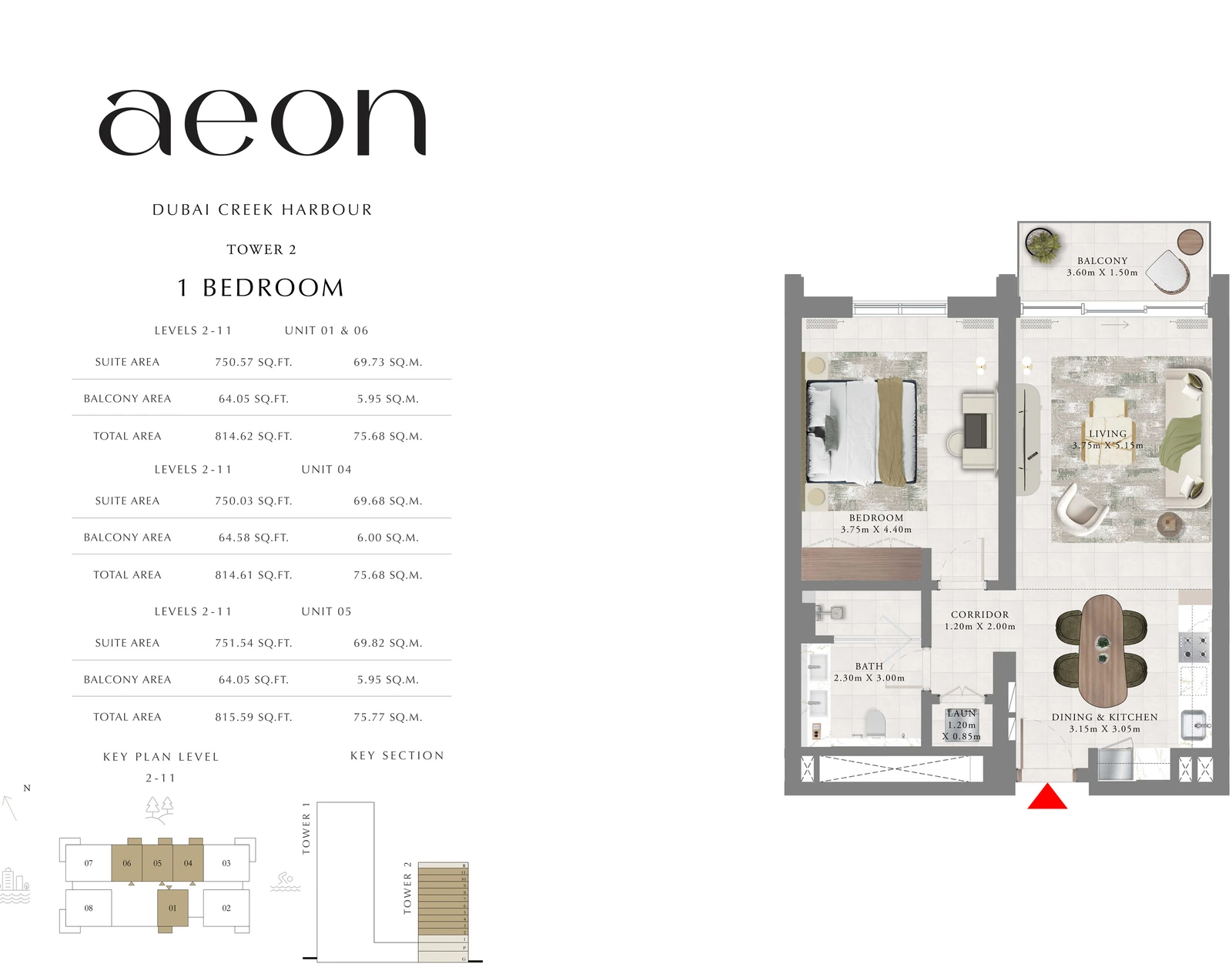 Floor plan for Tower 2 - 1 Bedroom - Levels 2-11 - Units 01, 04, 05 & 06