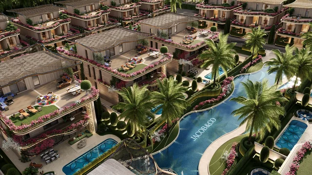 Aerial view of Fleurs de Jardin residences around the community lagoon.