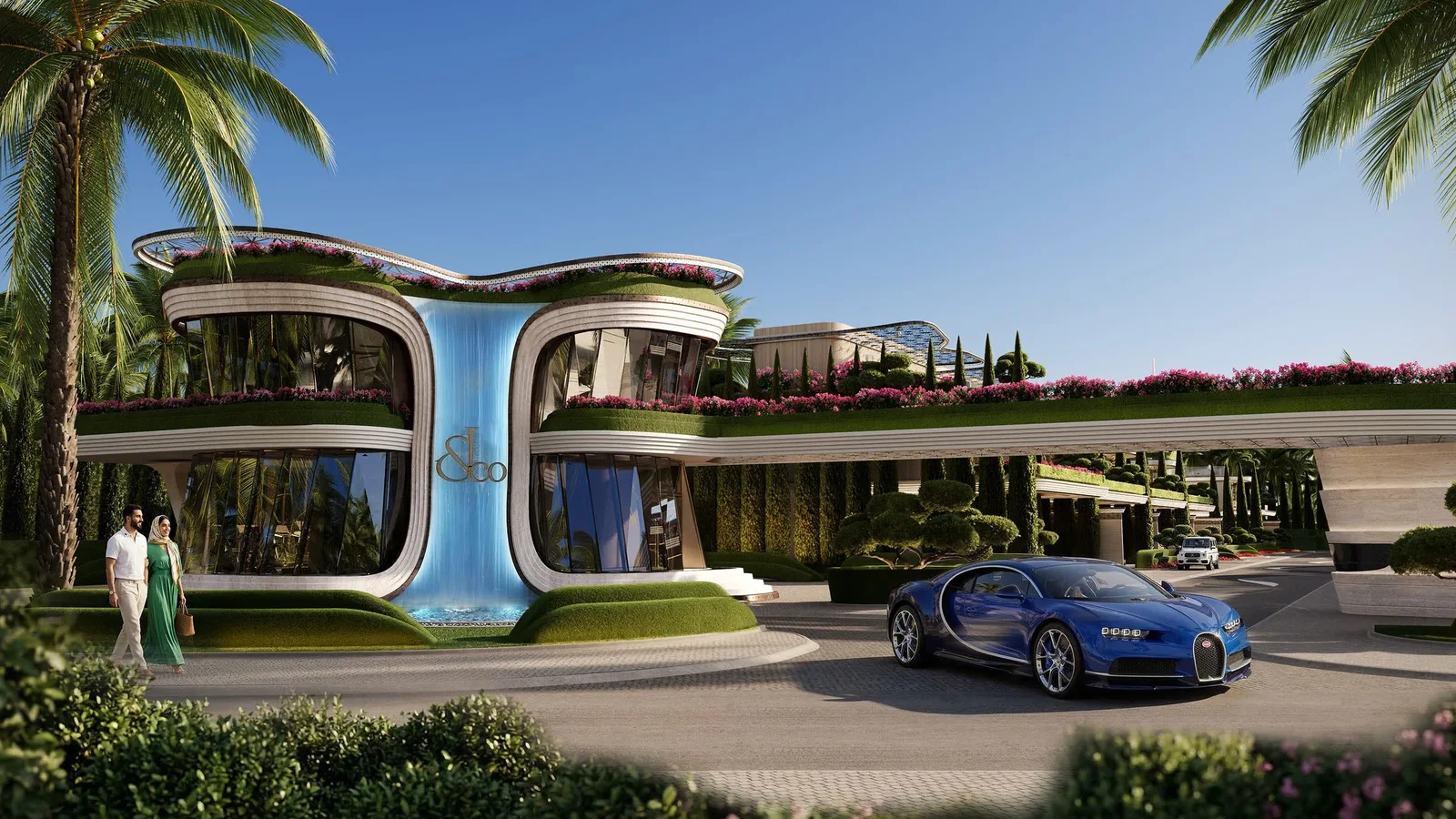 Gated entrance and arrival drive at Fleurs de Jardin.