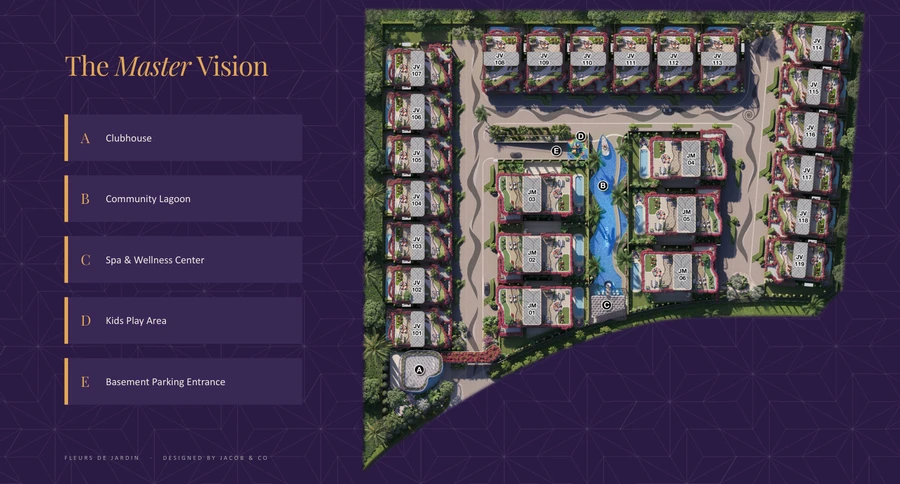Master plan of Fleurs de Jardin showing villas, mansions, the lagoon, clubhouse and wellness facilities.