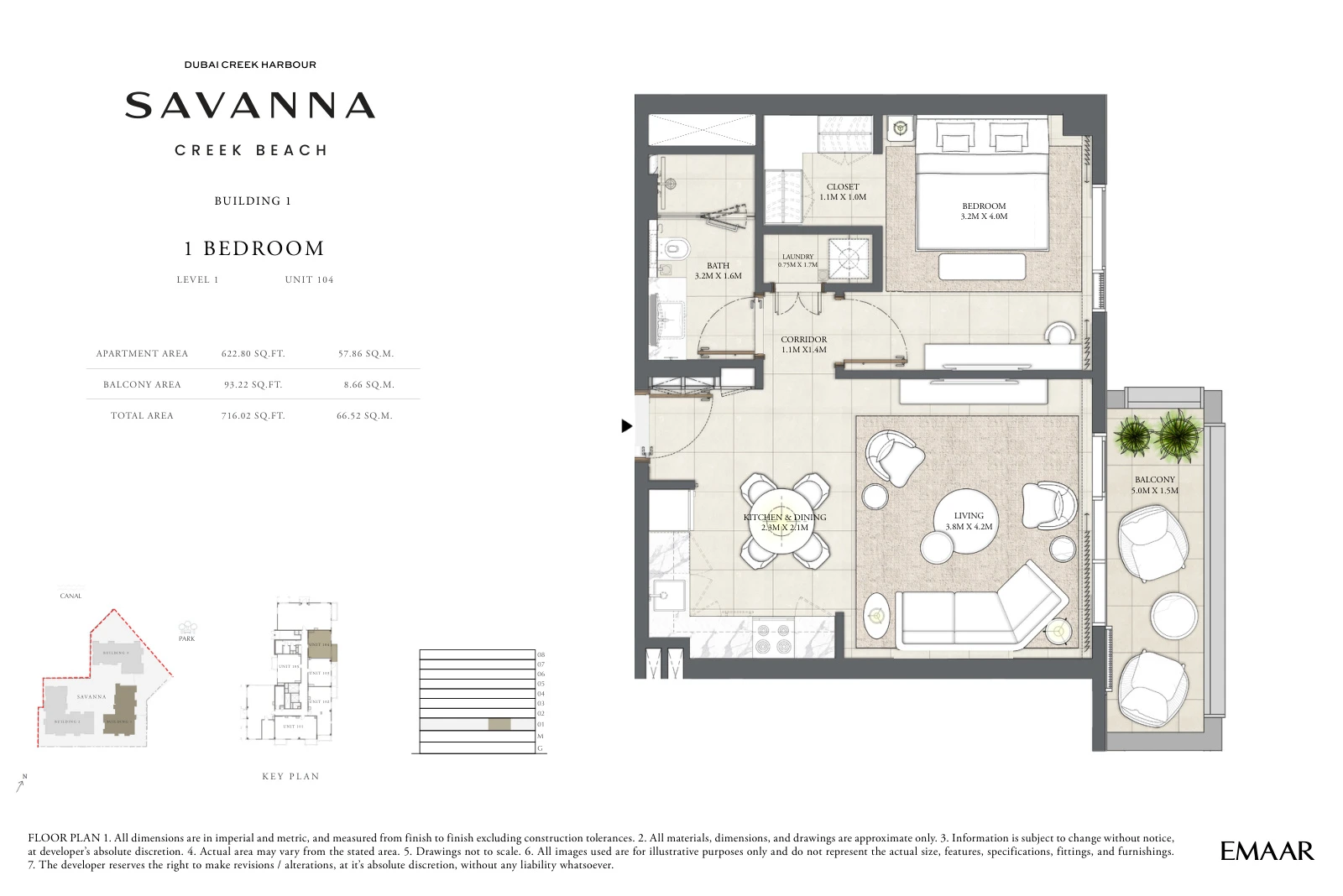 Floor plan for Building 1 - Level 1 - Unit 104 - 1 Bedroom