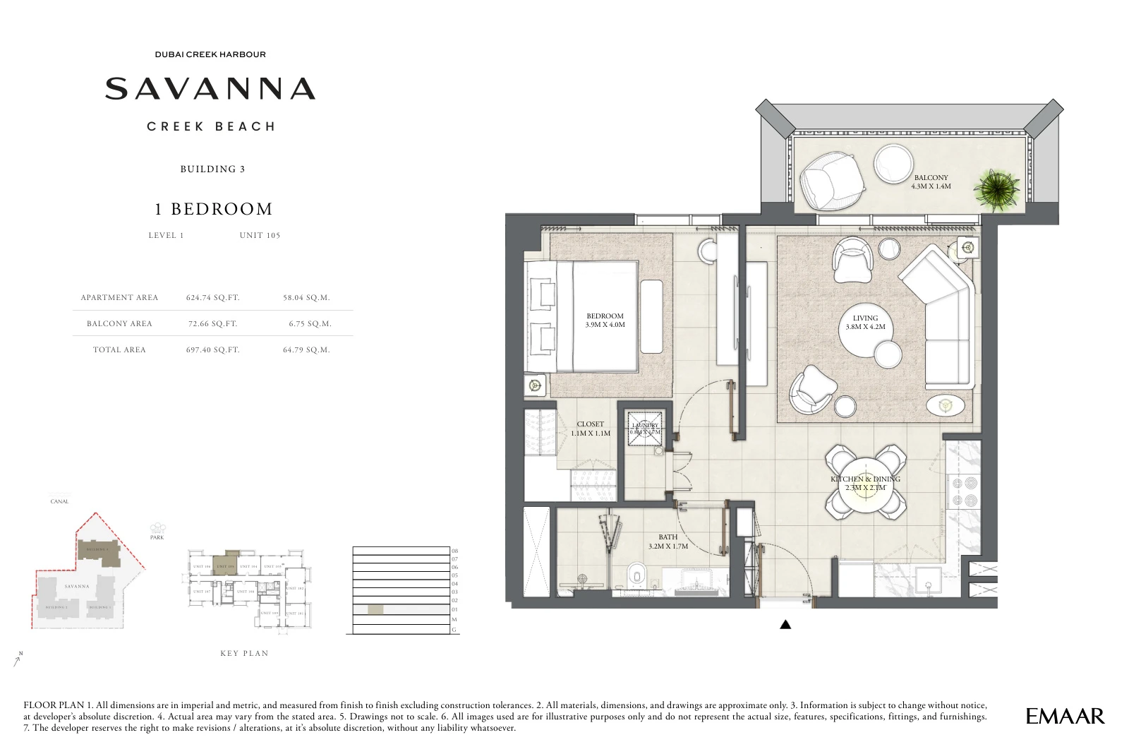 Floor plan for Building 3 - Level 1 - Unit 105 - 1 Bedroom