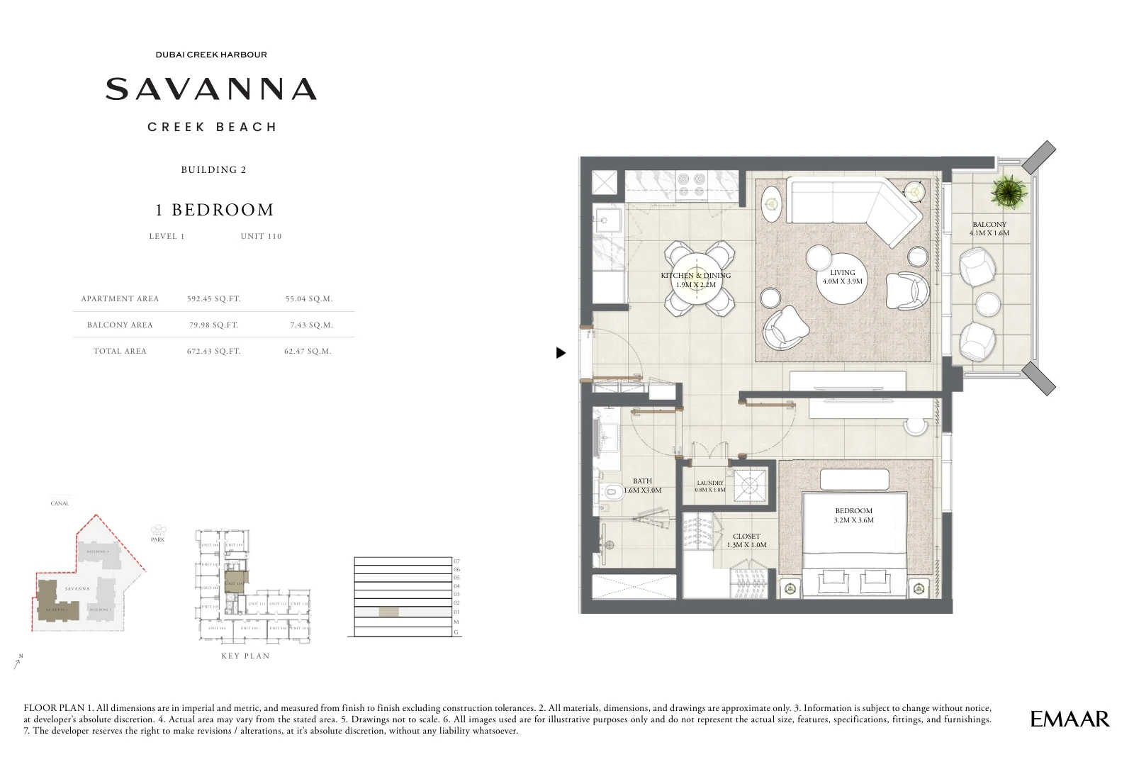 Floor plan for Building 2 - Level 1 - Unit 110 - 1 Bedroom