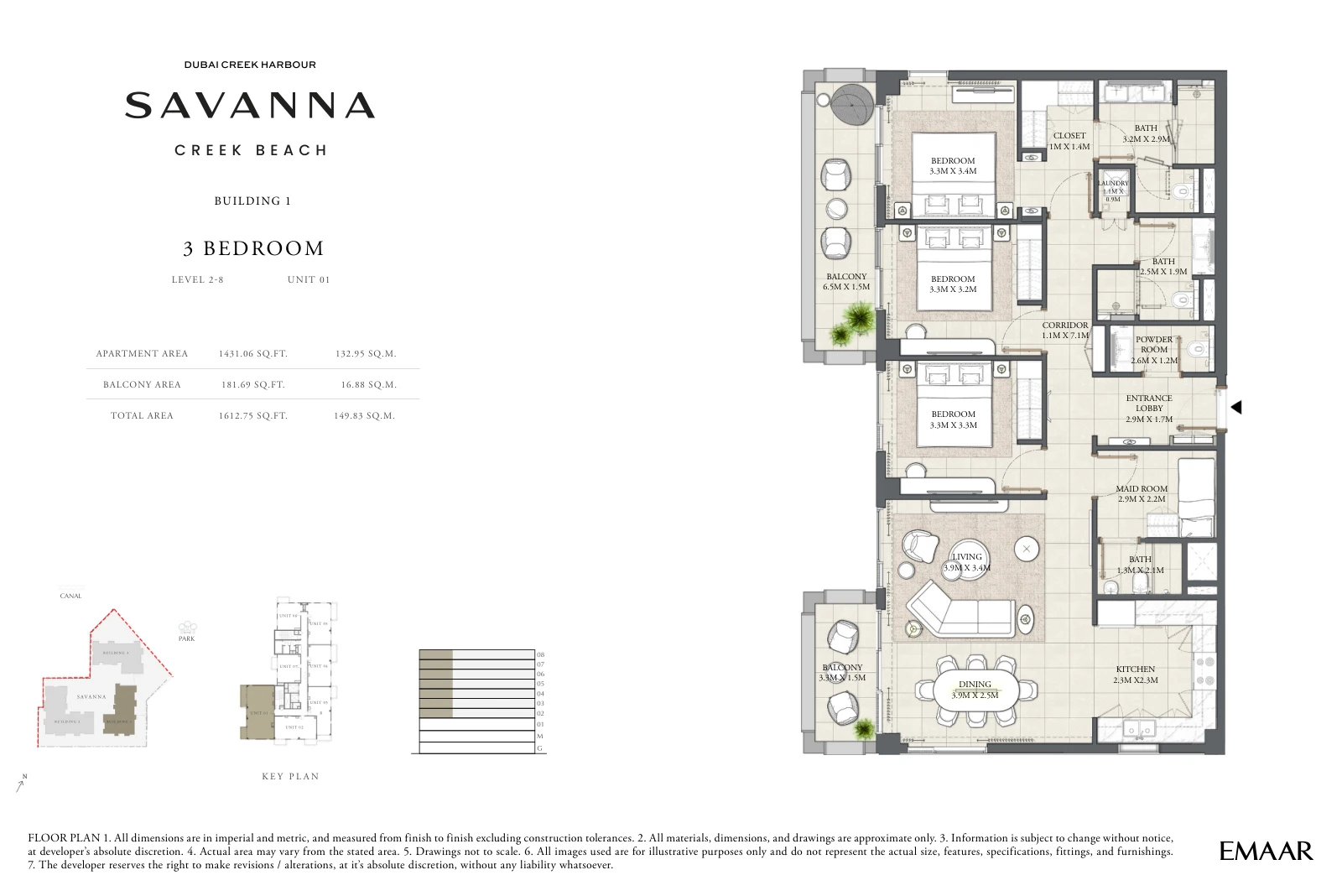 Floor plan for Building 1 - Level 2-8 - Unit 01 - 3 Bedrooms