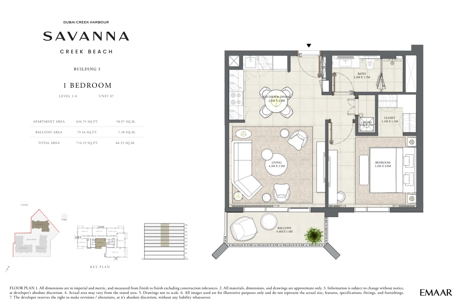 Floor plan for Building 3 - Level 2-8 - Unit 07 - 1 Bedroom