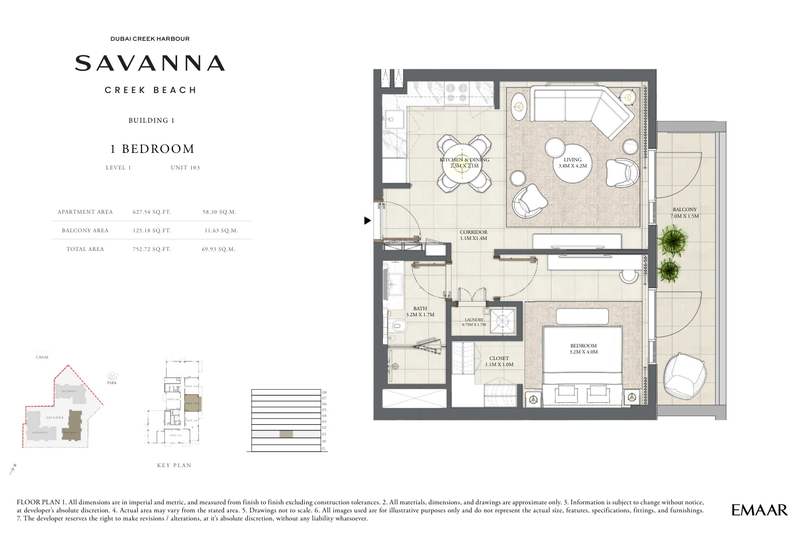 Floor plan for Building 1 - Level 1 - Unit 103 - 1 Bedroom