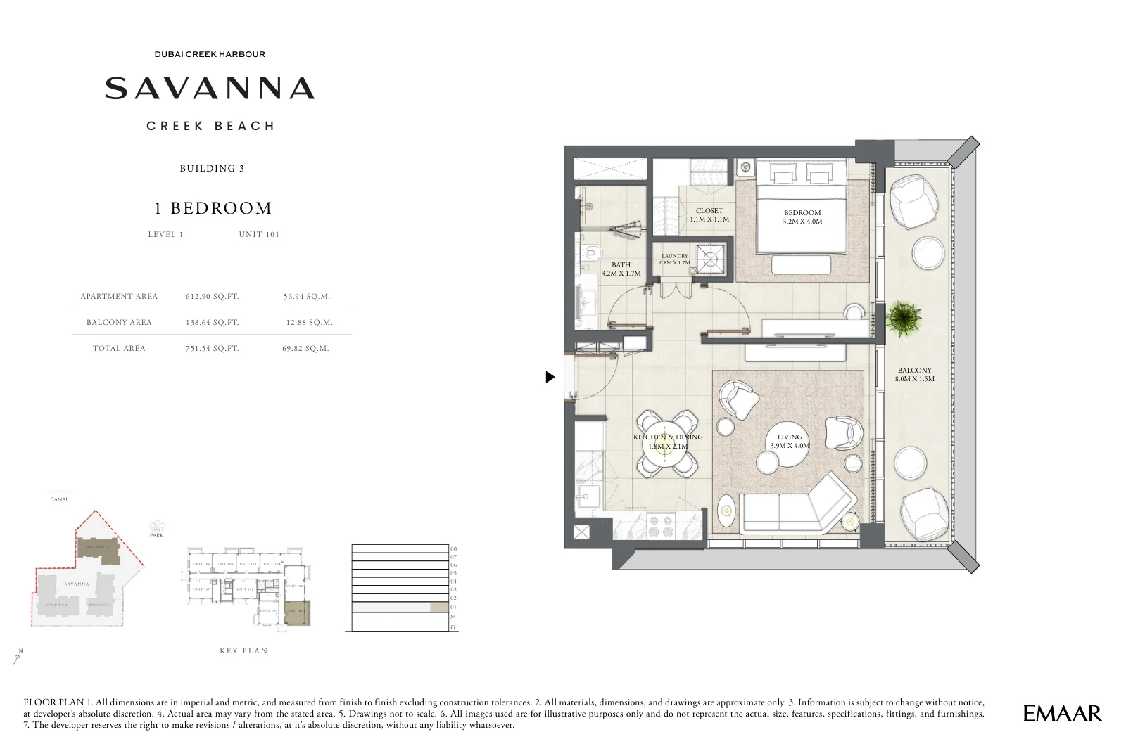 Floor plan for Building 3 - Level 1 - Unit 101 - 1 Bedroom