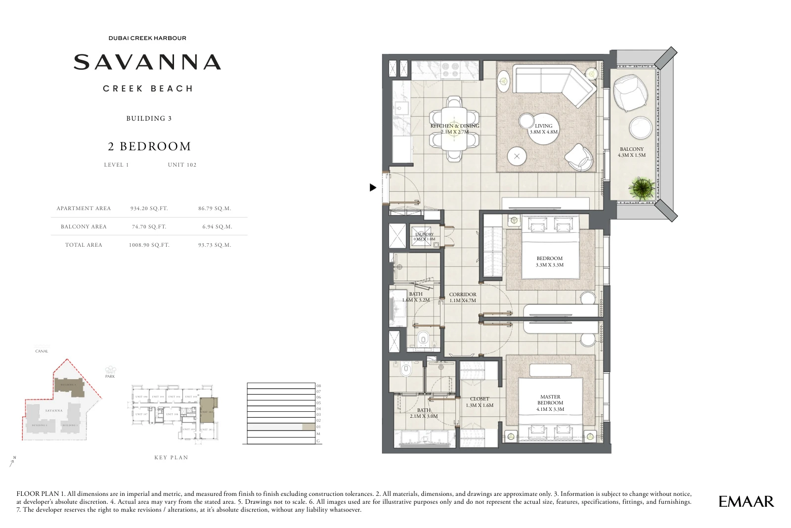 Floor plan for Building 3 - Level 1 - Unit 102 - 2 Bedrooms