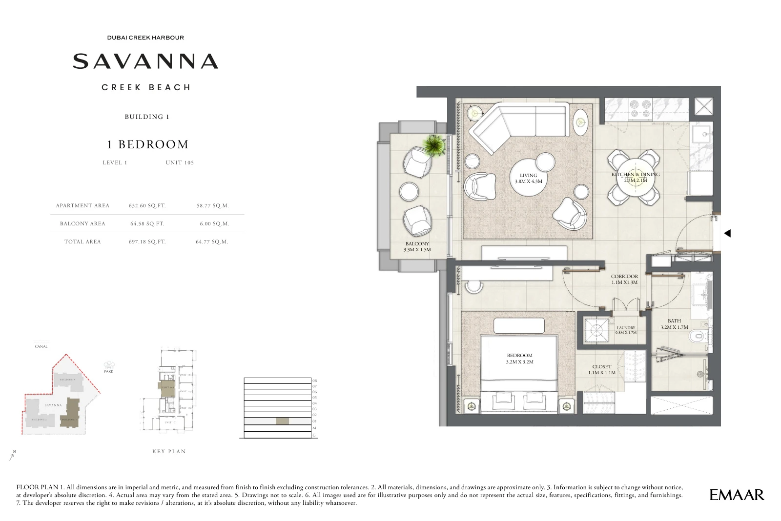 Floor plan for Building 1 - Level 1 - Unit 105 - 1 Bedroom