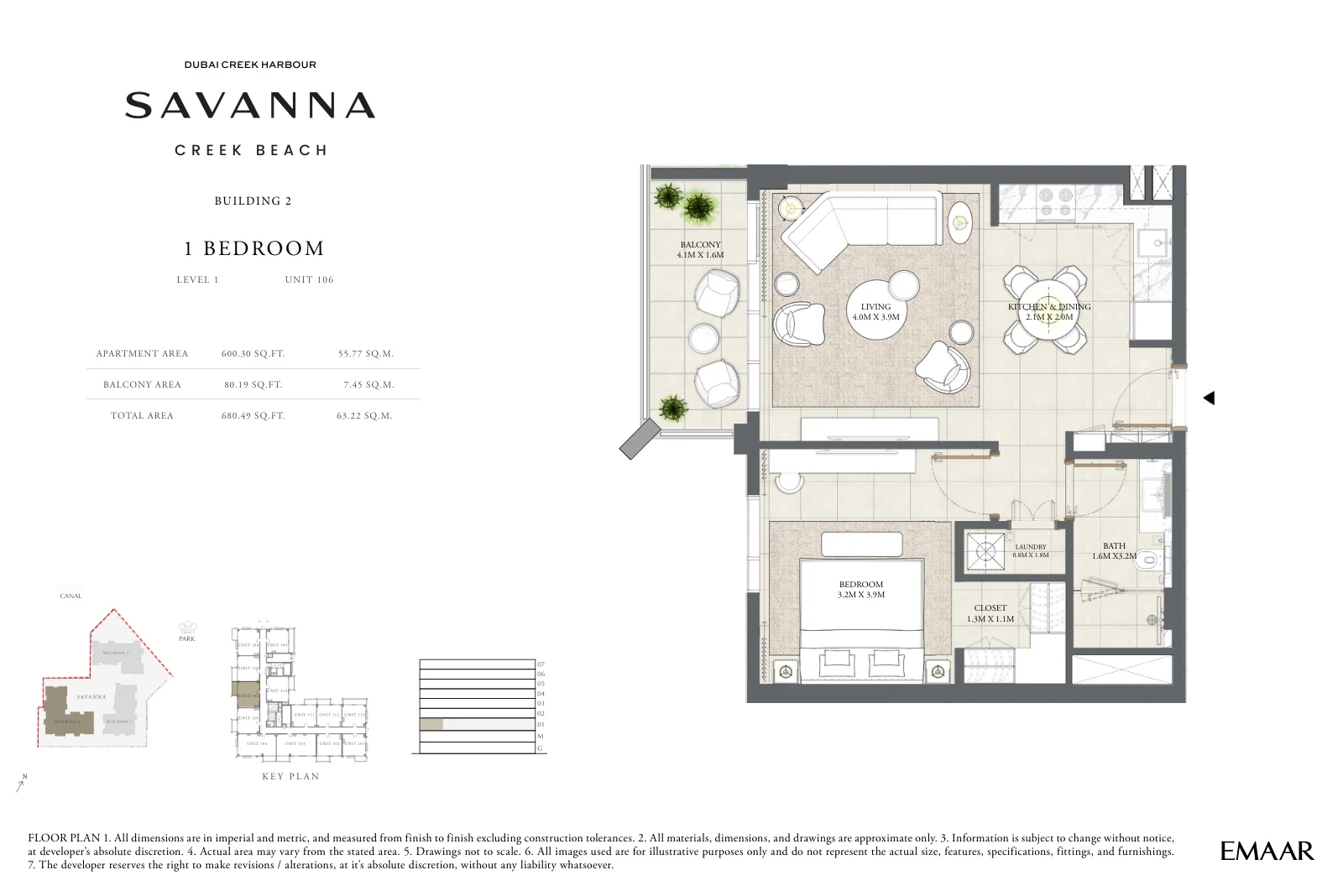 Floor plan for Building 2 - Level 1 - Unit 106 - 1 Bedroom