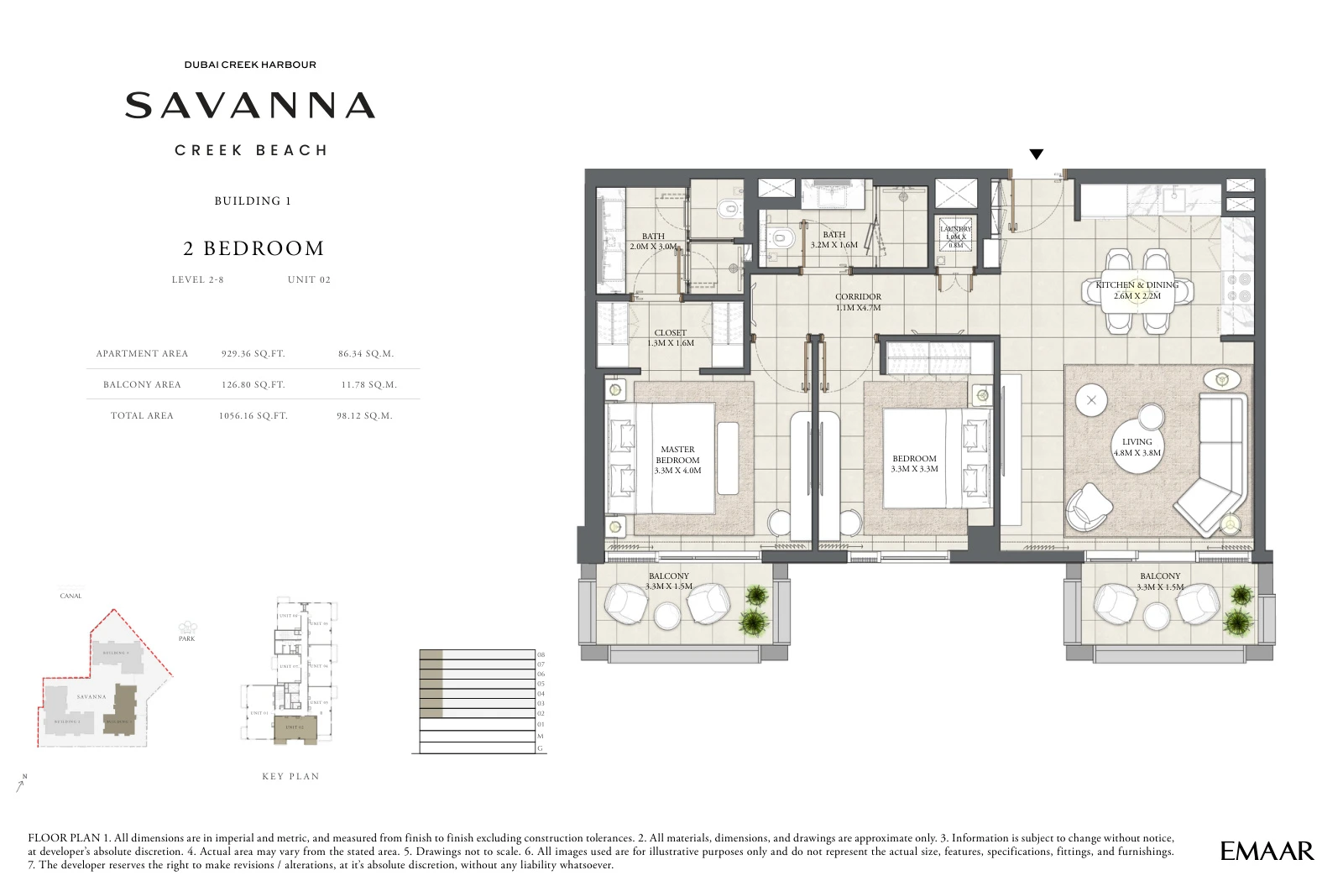 Floor plan for Building 1 - Level 2-8 - Unit 02 - 2 Bedrooms